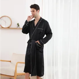 100% Mulberry Silk Robe For Mens Classic Long Sleeves Silk Bathrobe Sleepwear With White Piping