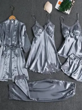 5-Piece Pajama Set: Luxurious Satin, Elegant Lace