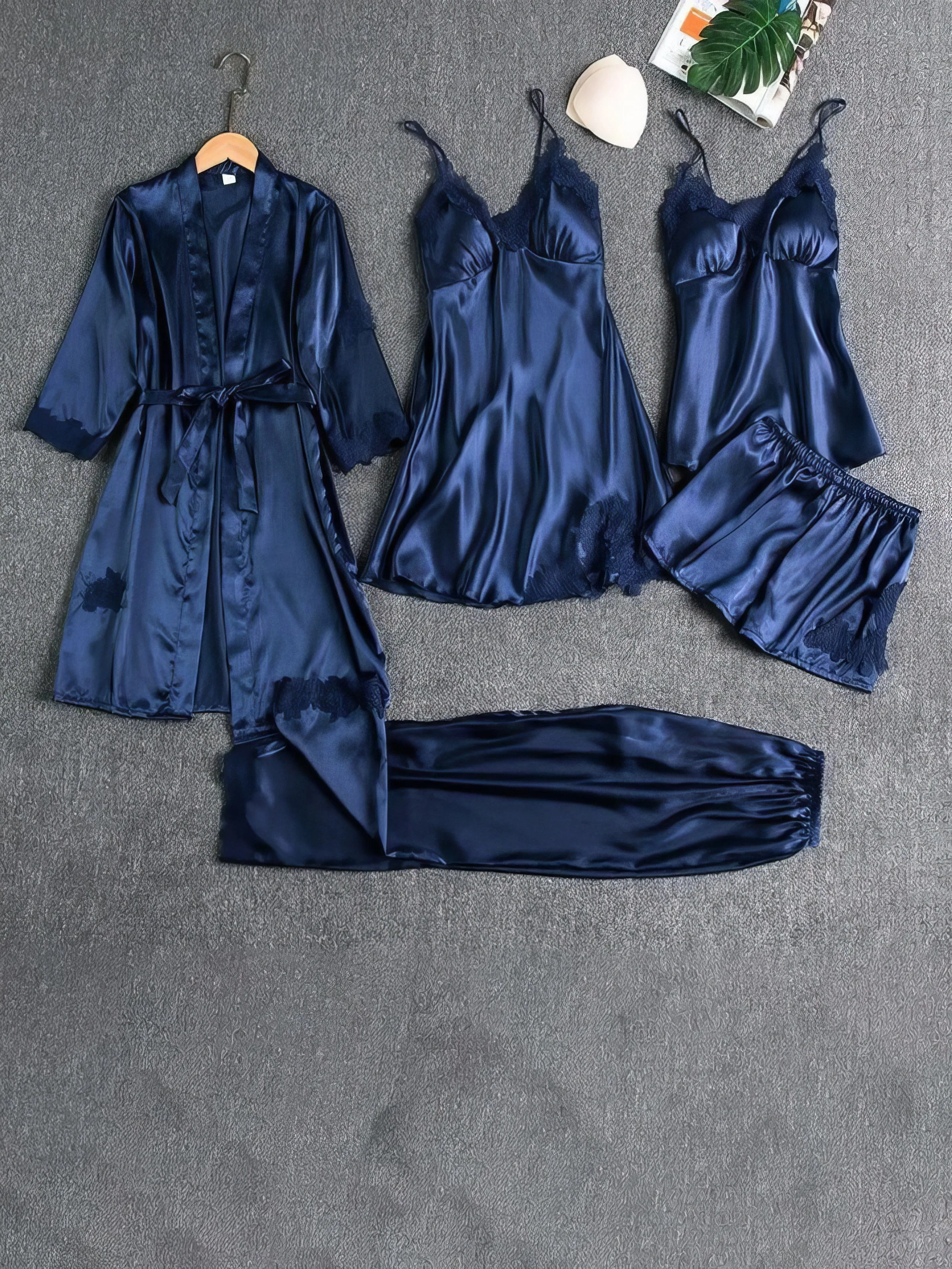 5-Piece Satin Loungewear Set with Lace Accents