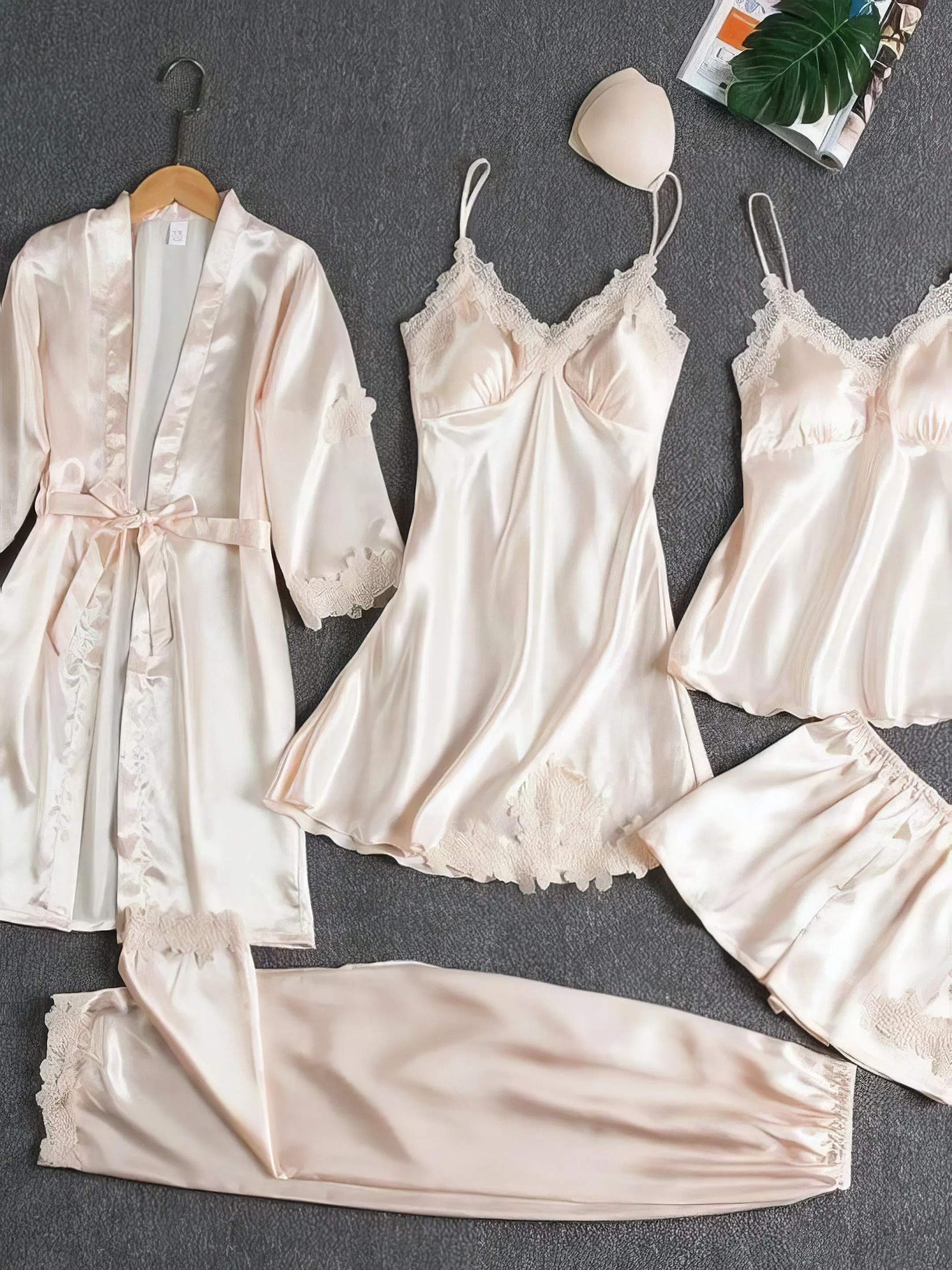 5-Piece Satin Loungewear Set with Lace Accents