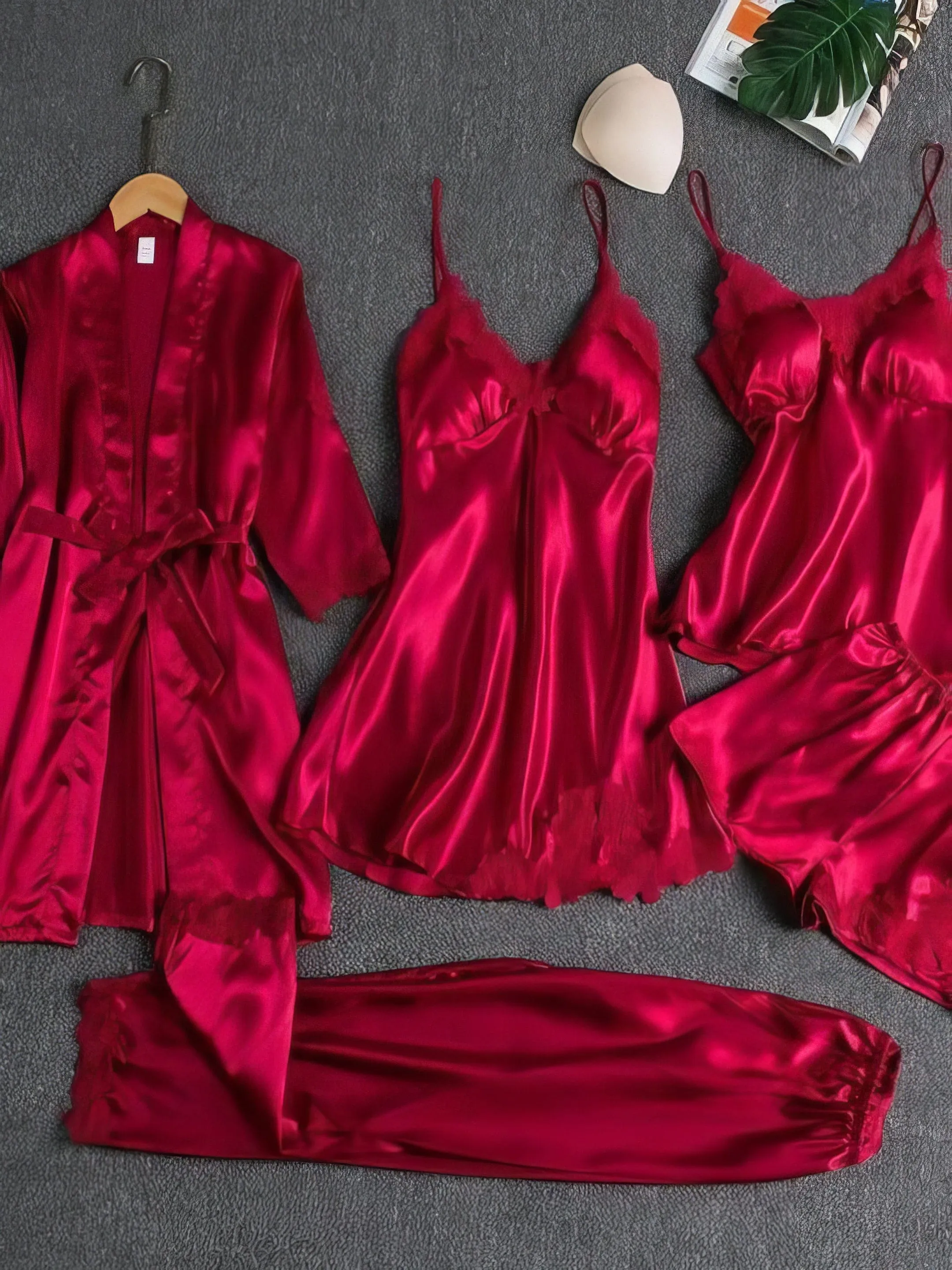 5-Piece Satin Loungewear Set with Lace Accents