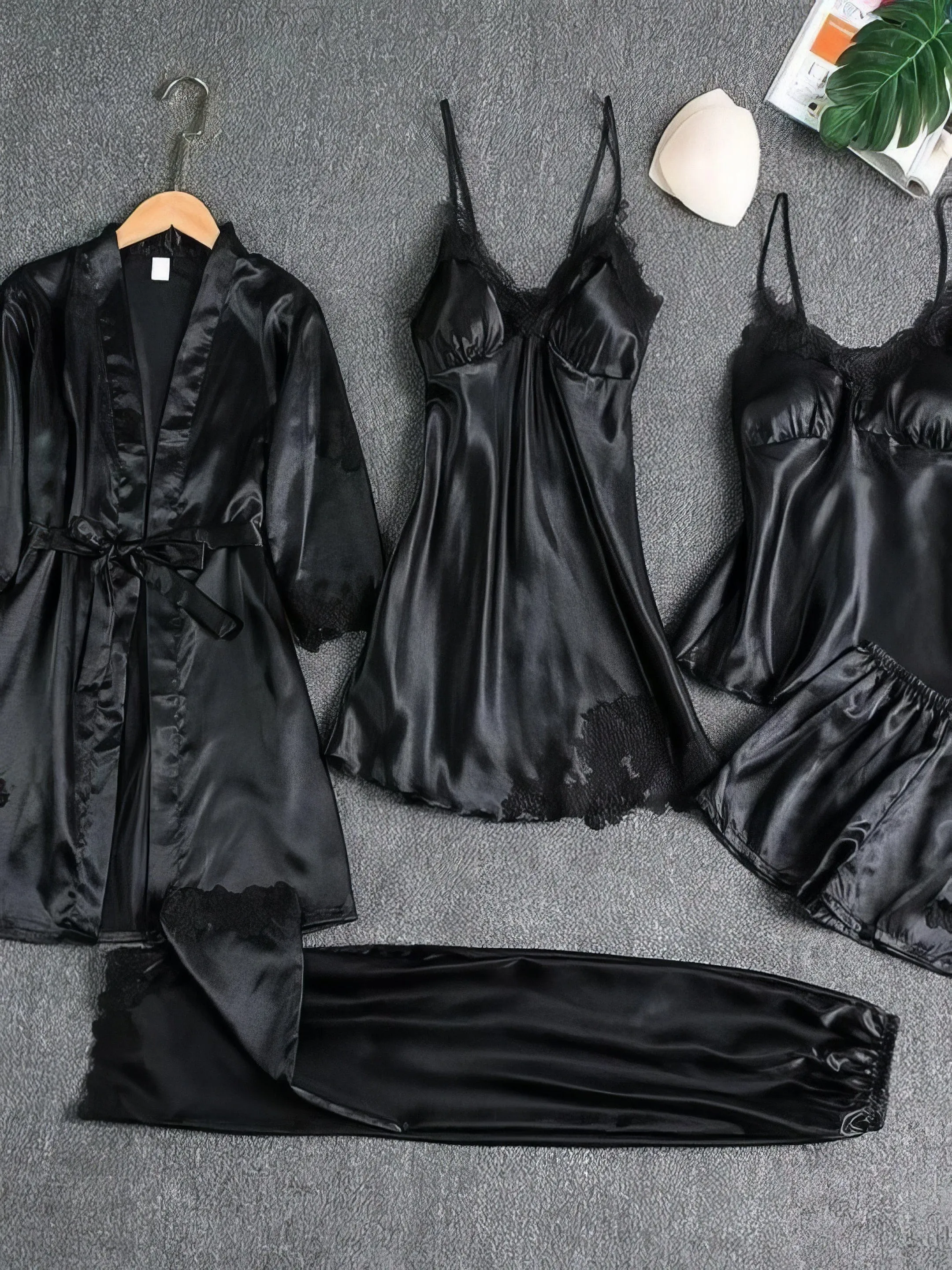 5 Piece Silk-Like Pajama Set with Lace