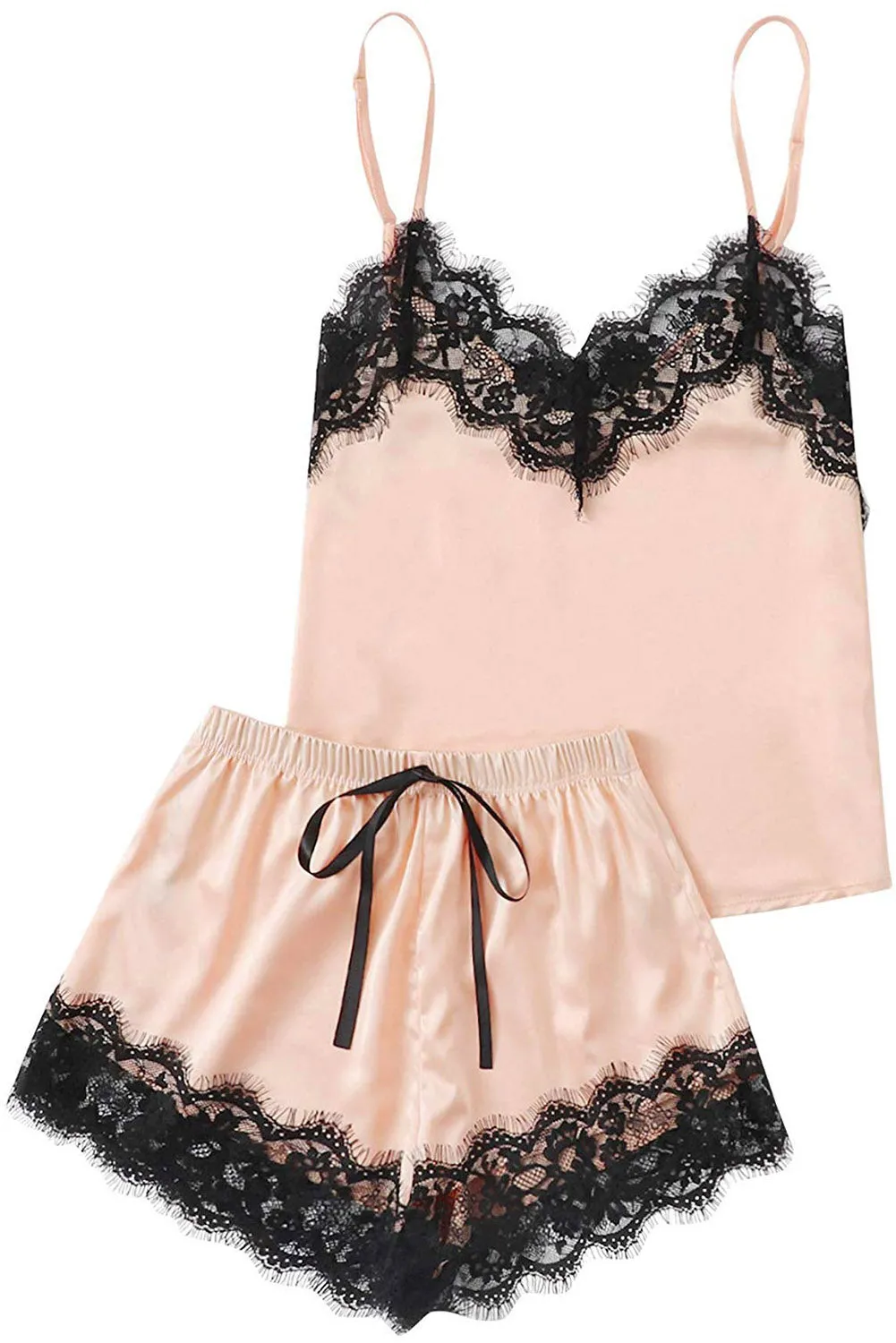 5 Piece Silk-Like Pajama Set with Lace