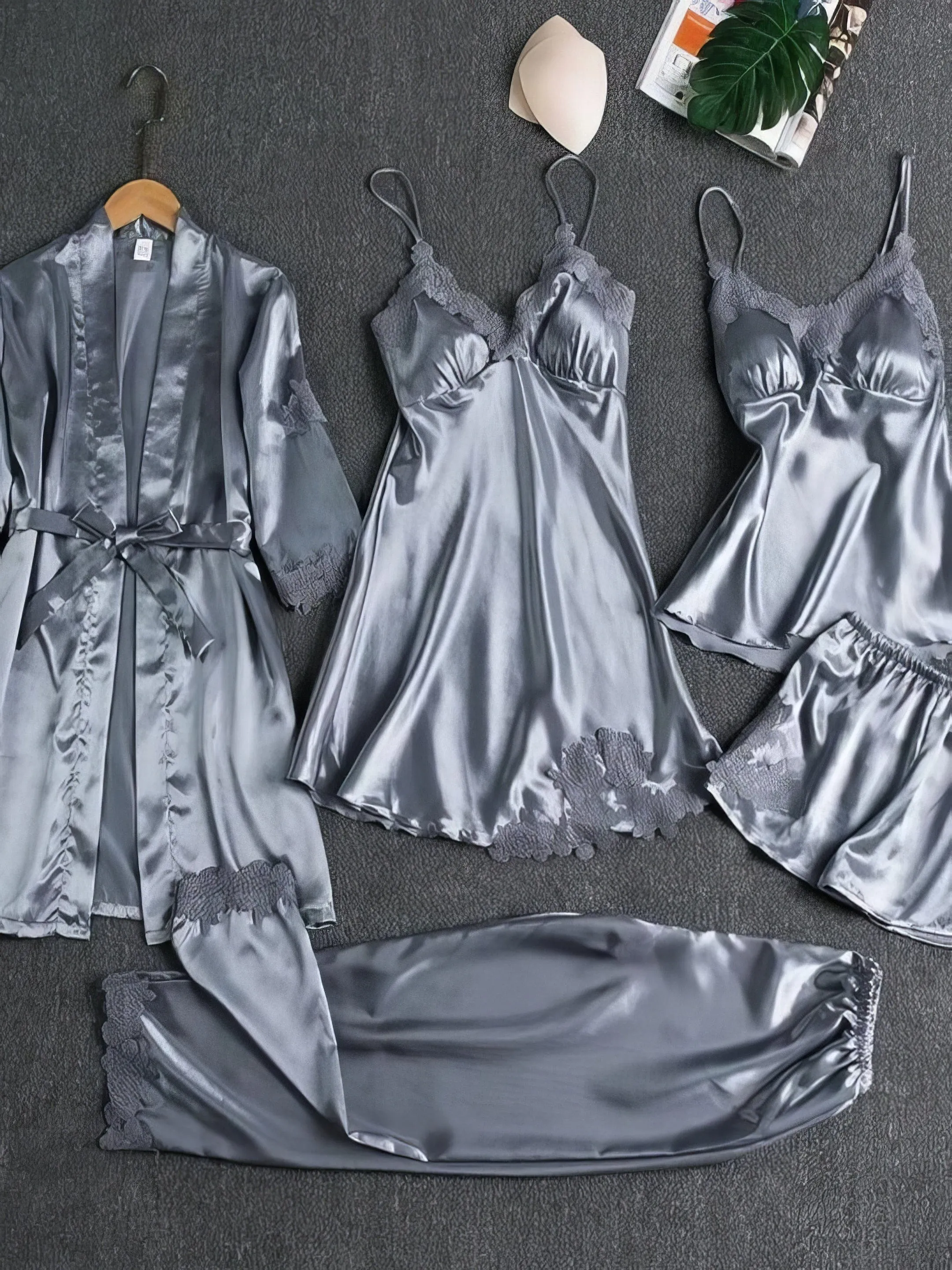 5 Piece Silk-Like Pajama Set with Lace