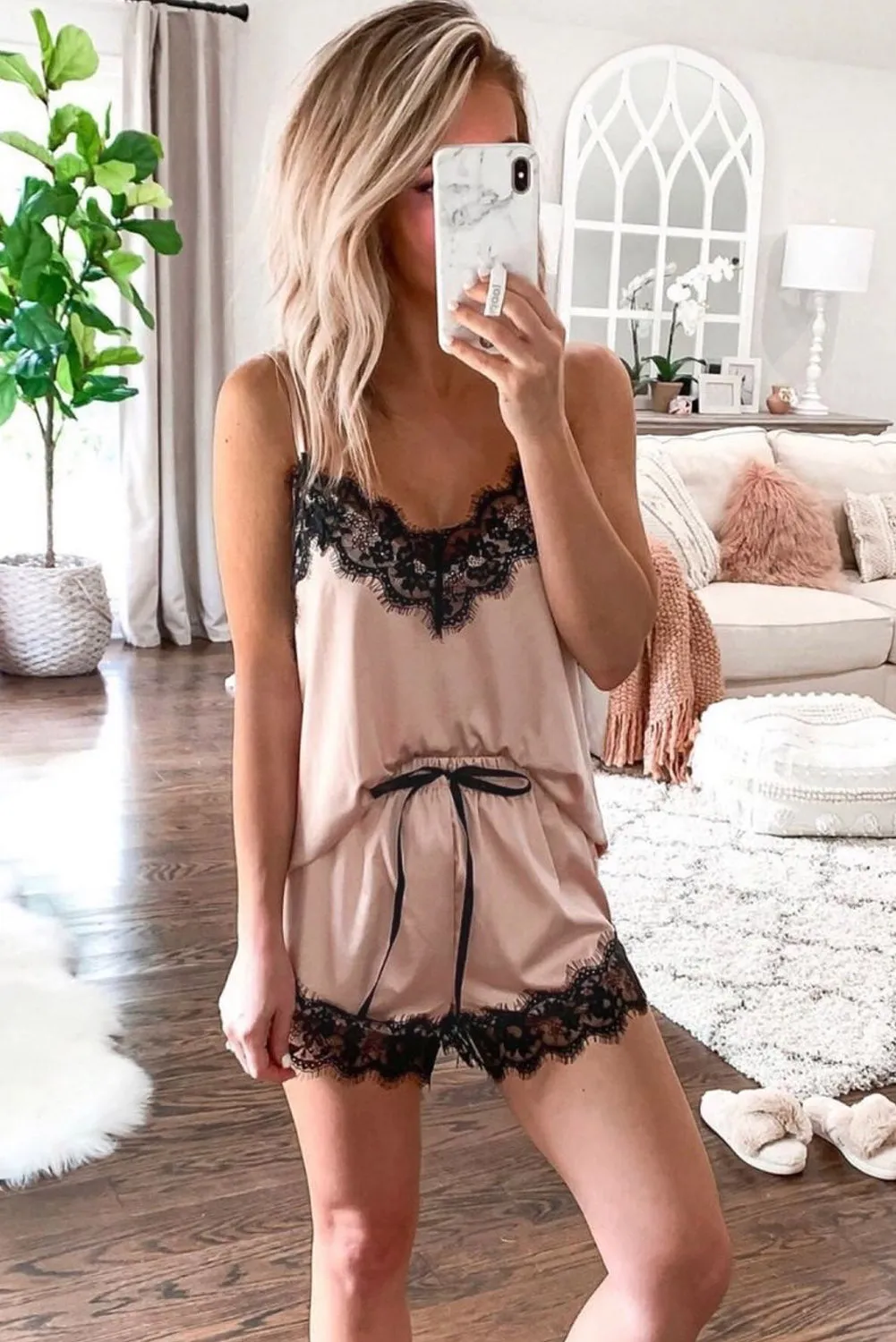5 Piece Silk-Like Pajama Set with Lace