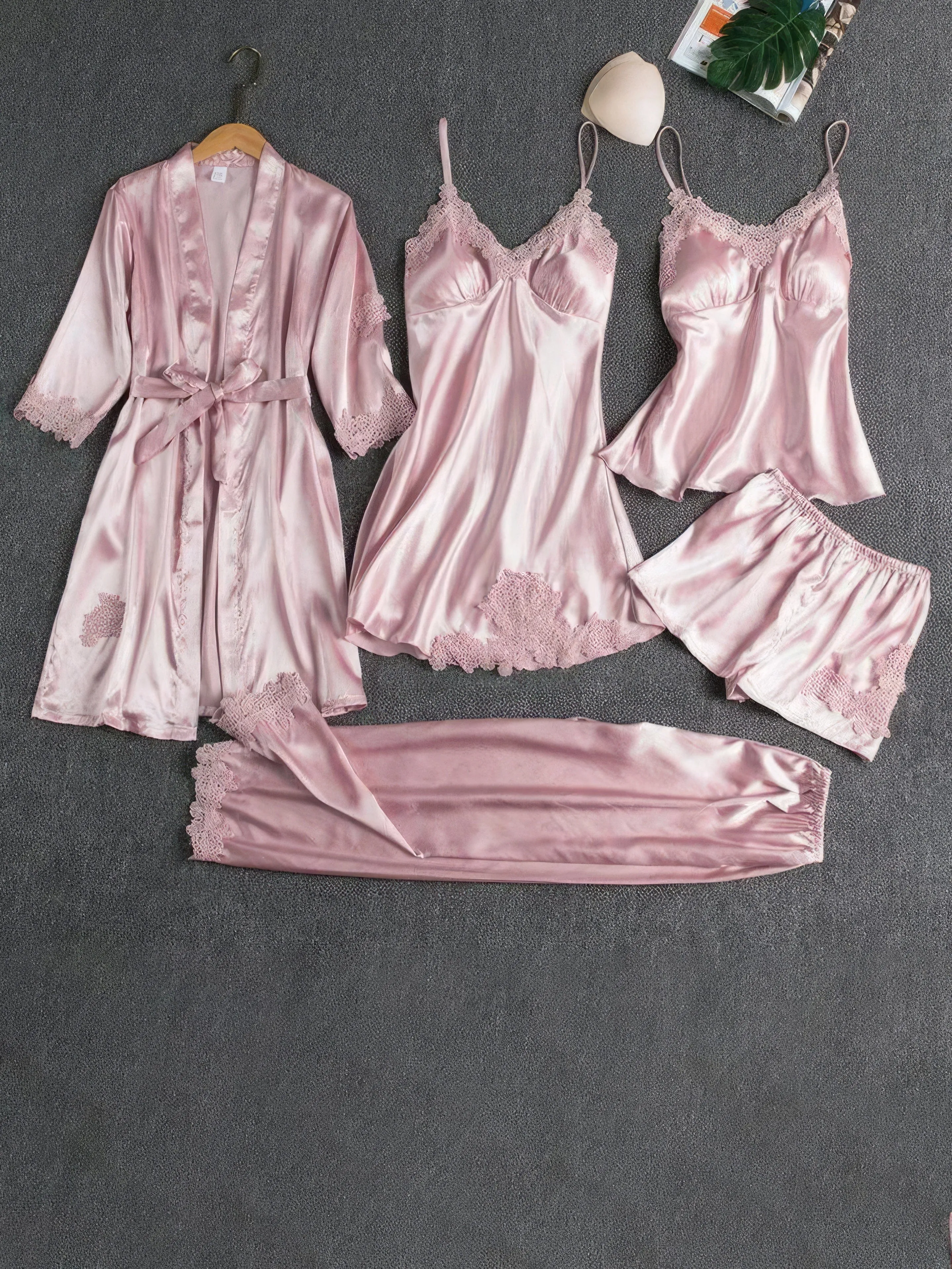 5 Piece Silk-Like Pajama Set with Lace