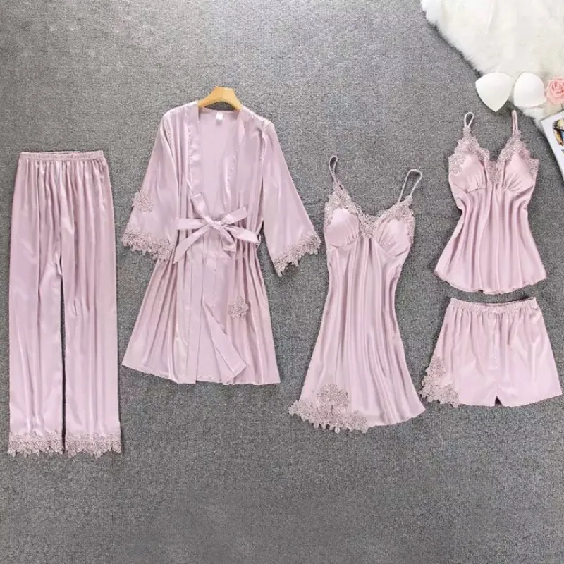 5 Pieces Silk Pajamas Set