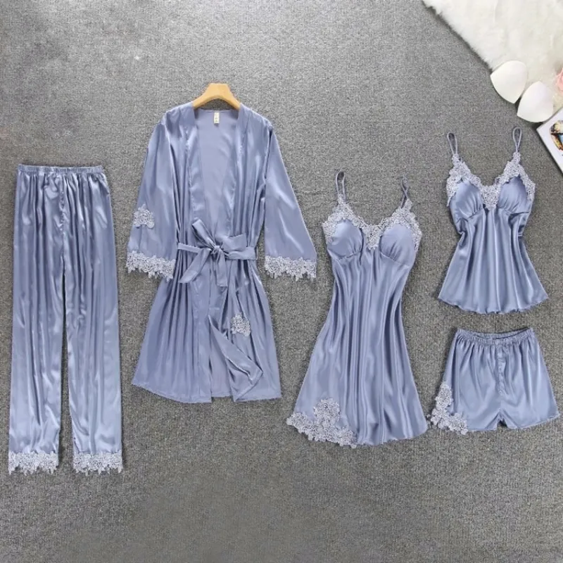 5 Pieces Silk Pajamas Set