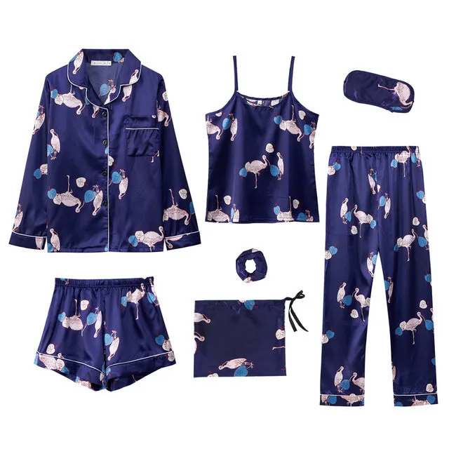 7 Pieces Satin Sleepwear Set For Women with Chest Pads