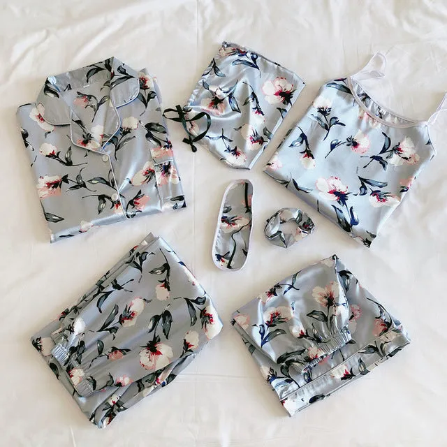 7 Pieces Satin Sleepwear Set For Women with Chest Pads