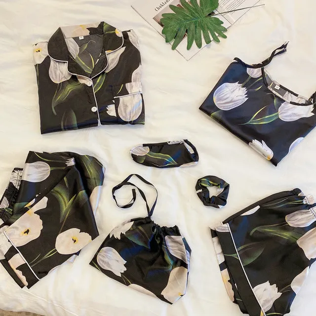 7 Pieces Satin Sleepwear Set For Women with Chest Pads