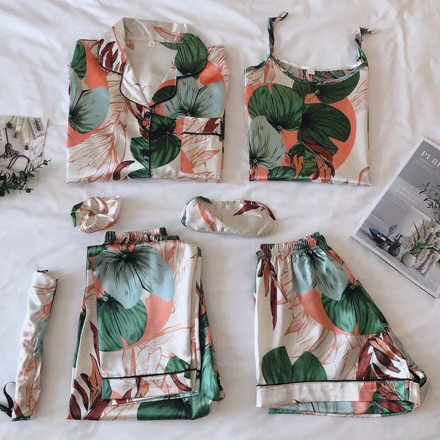 7 Pieces Satin Sleepwear Set For Women with Chest Pads