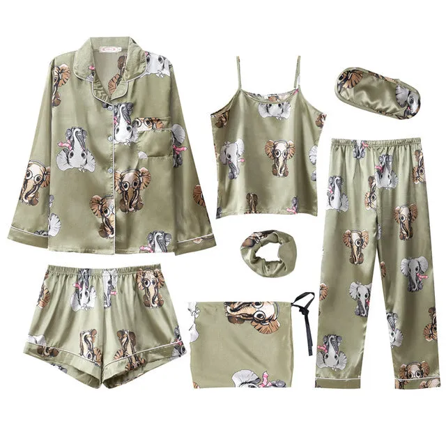 7 Pieces Satin Sleepwear Set For Women with Chest Pads