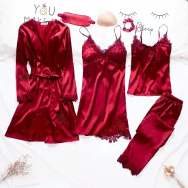 7 Pieces Satin Sleepwear Set For Women with Chest Pads