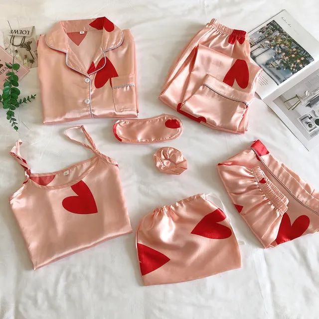 7 Pieces Satin Sleepwear Set For Women with Chest Pads