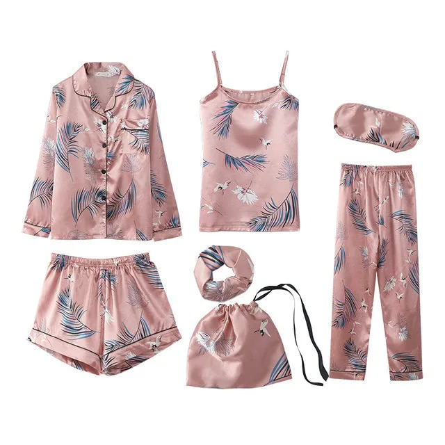 7 Pieces Satin Sleepwear Set For Women with Chest Pads