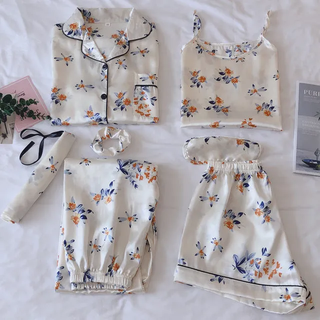 7 Pieces Satin Sleepwear Set For Women with Chest Pads