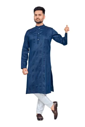Aastha Fashion Men's Blue Jacquard Silk Sequence Work Party Wear Kurta with Pajama