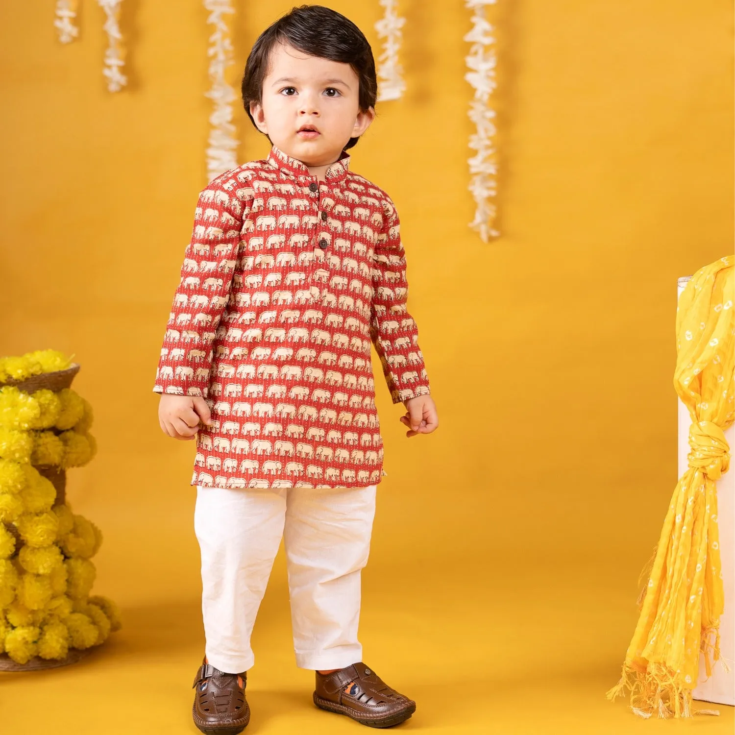 Baby Moo x Kurta Co. Traditional Ethnic Breathable Cotton Kurta Pajama Set with Enchanting Kantha Elephant Print - Red