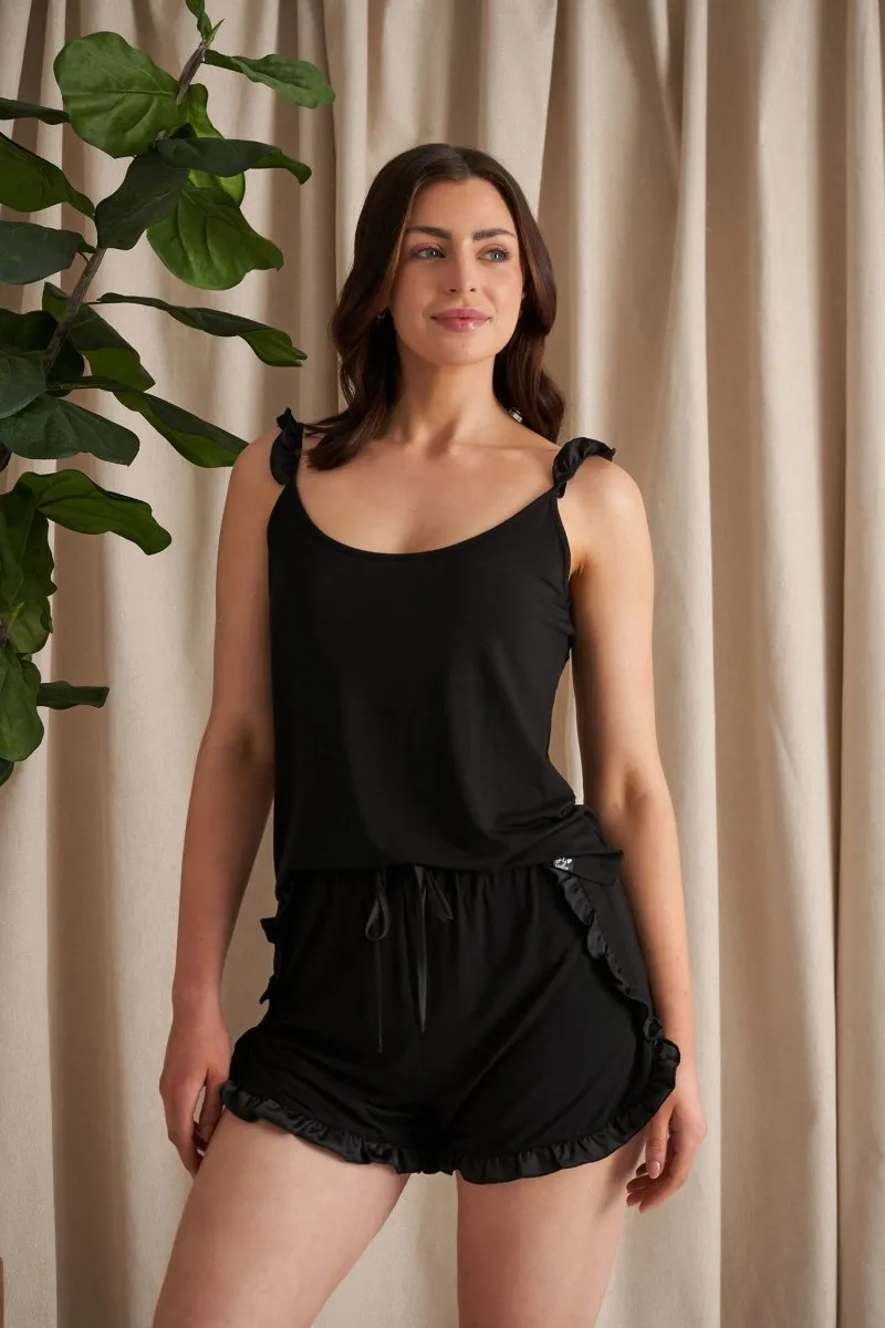 Bamboo Frill Cami Short Pyjama Set in Black