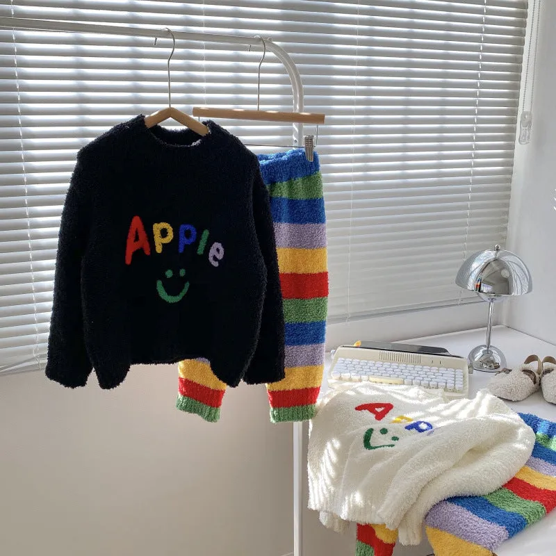 Black Pullover Apple Letter Strip kids Pyjama Set