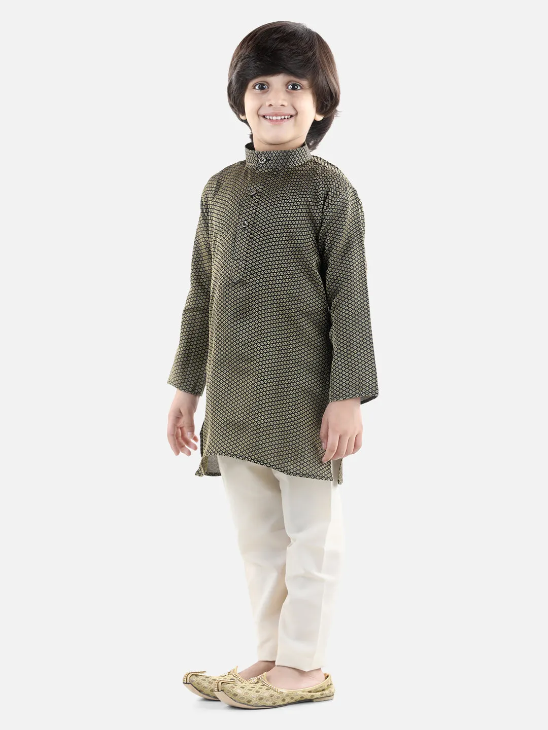 BownBee Silk Blend Full Sleeve Jacquard Kurta Pajama For Boys - Black