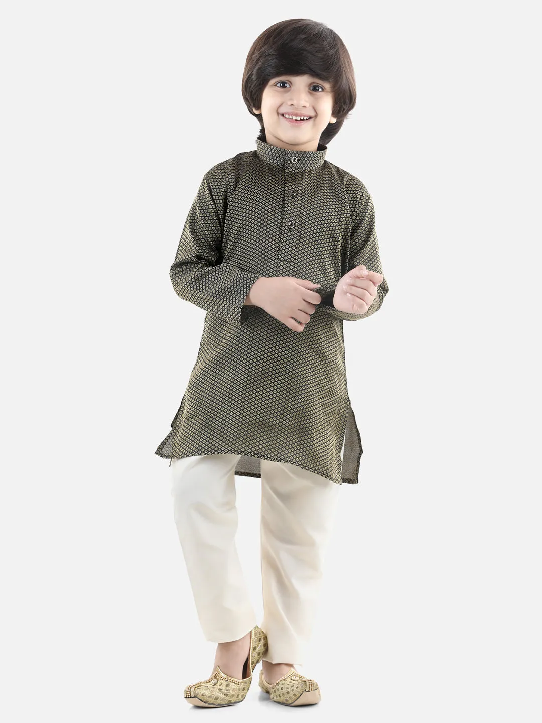 BownBee Silk Blend Full Sleeve Jacquard Kurta Pajama For Boys - Black