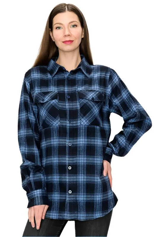 Boyfriend Fit Checker Plaid Flannel Long Sleeve Shirts