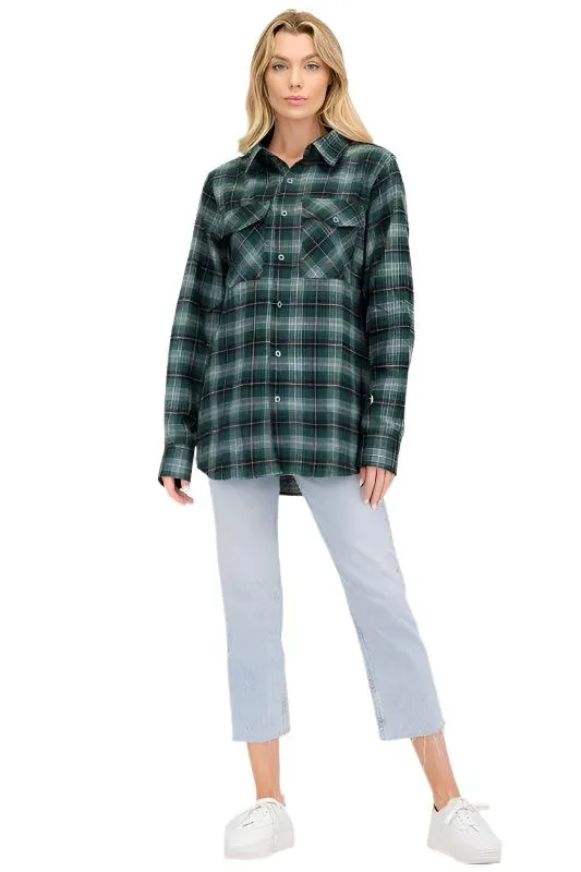 Boyfriend Fit Checker Plaid Flannel Long Sleeve Shirts