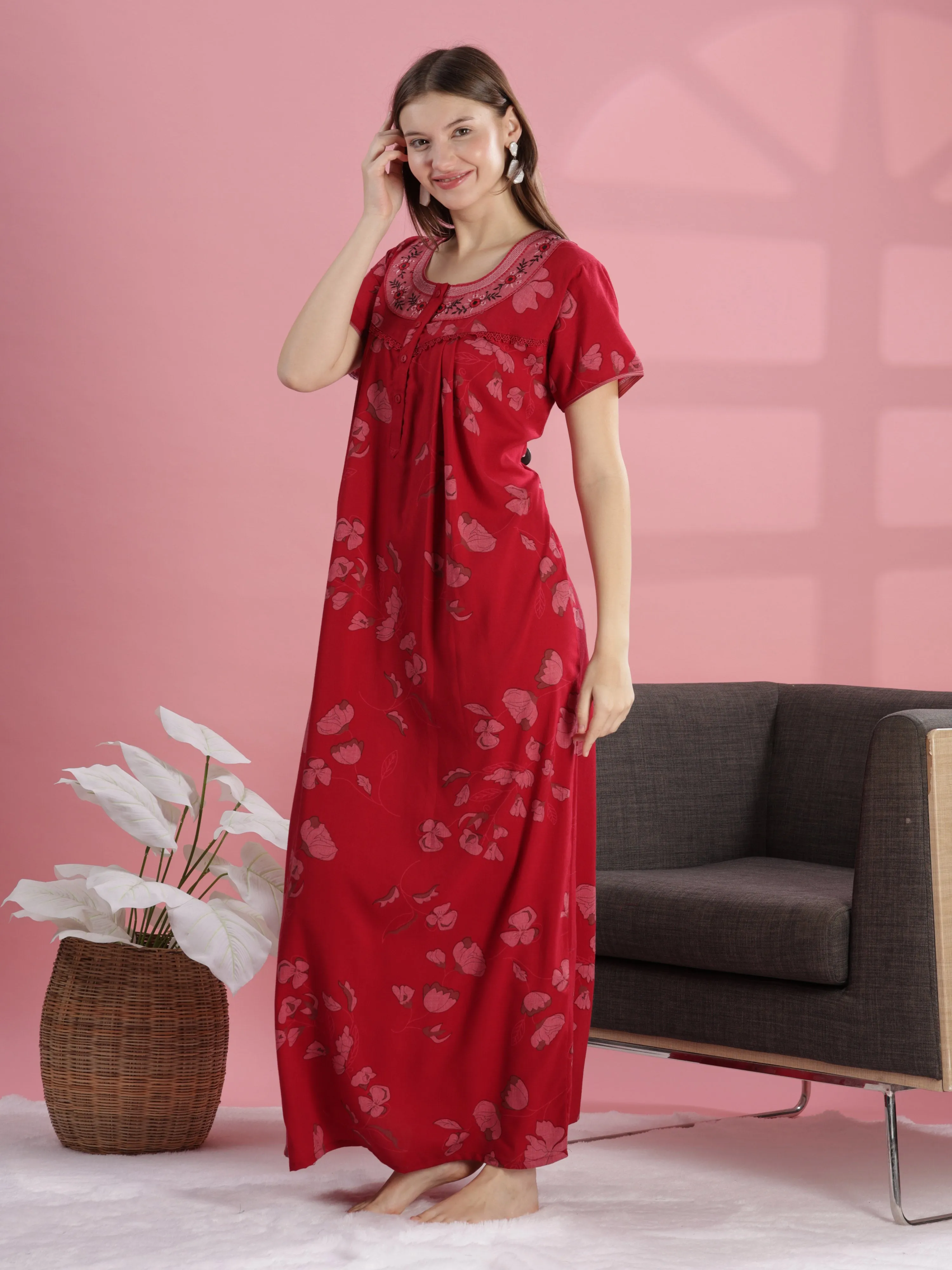Brick Red Floral Cotton Nighty with Embroidery & Front Buttons