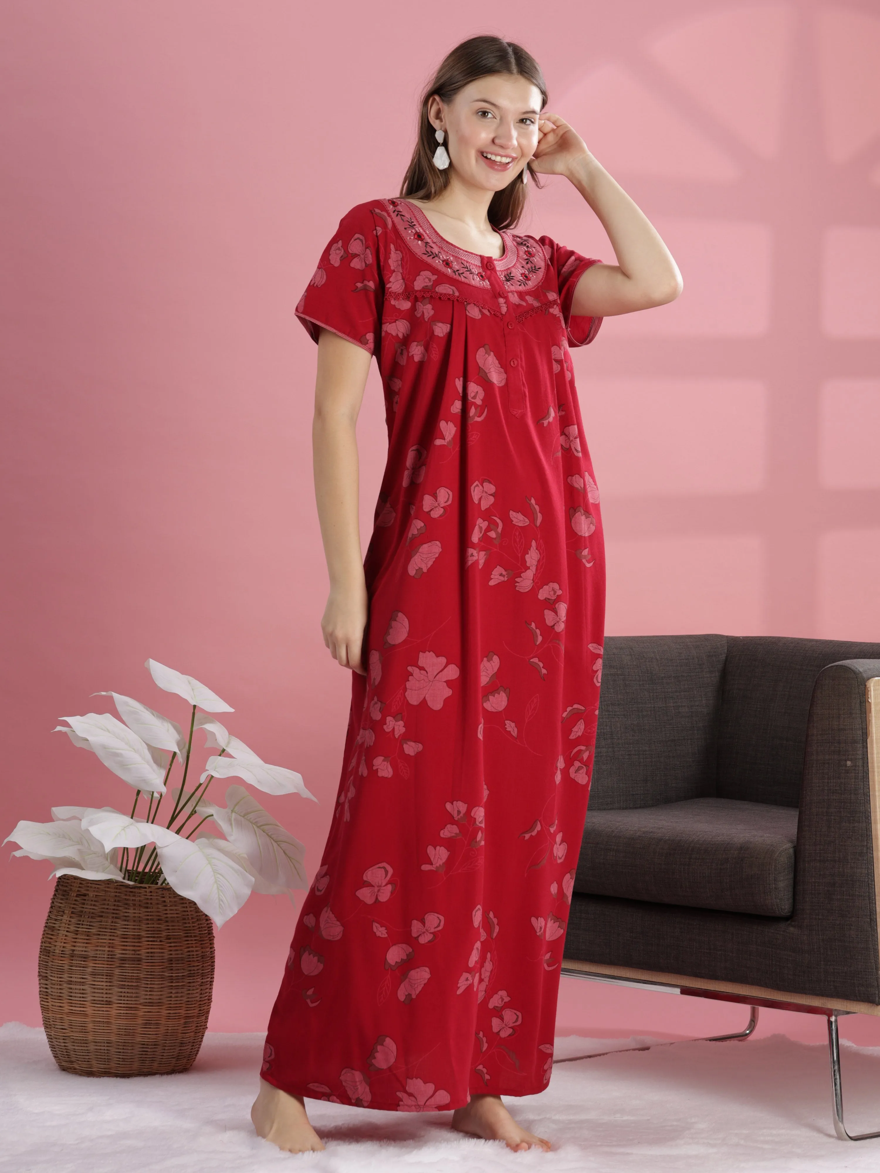 Brick Red Floral Cotton Nighty with Embroidery & Front Buttons