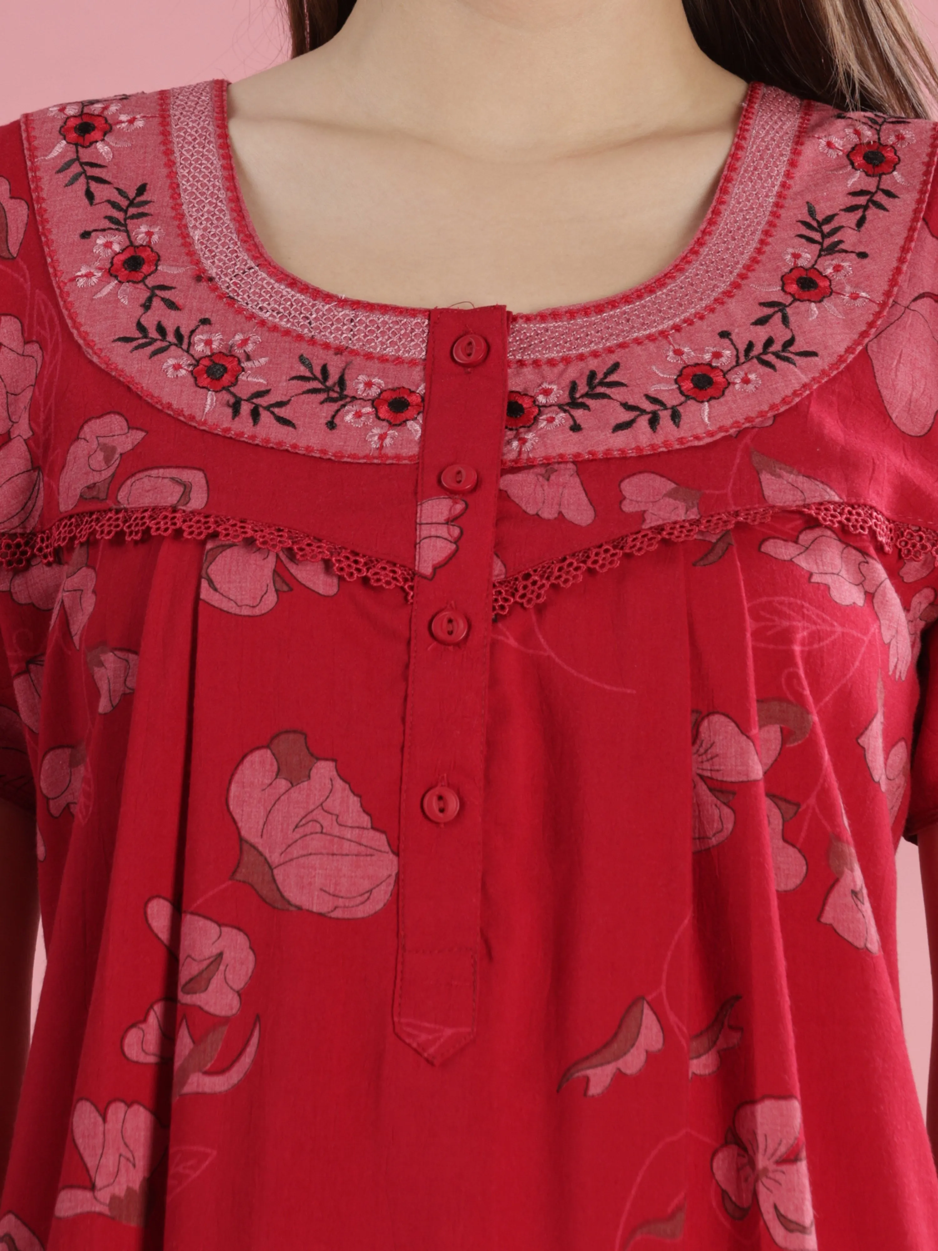 Brick Red Floral Cotton Nighty with Embroidery & Front Buttons