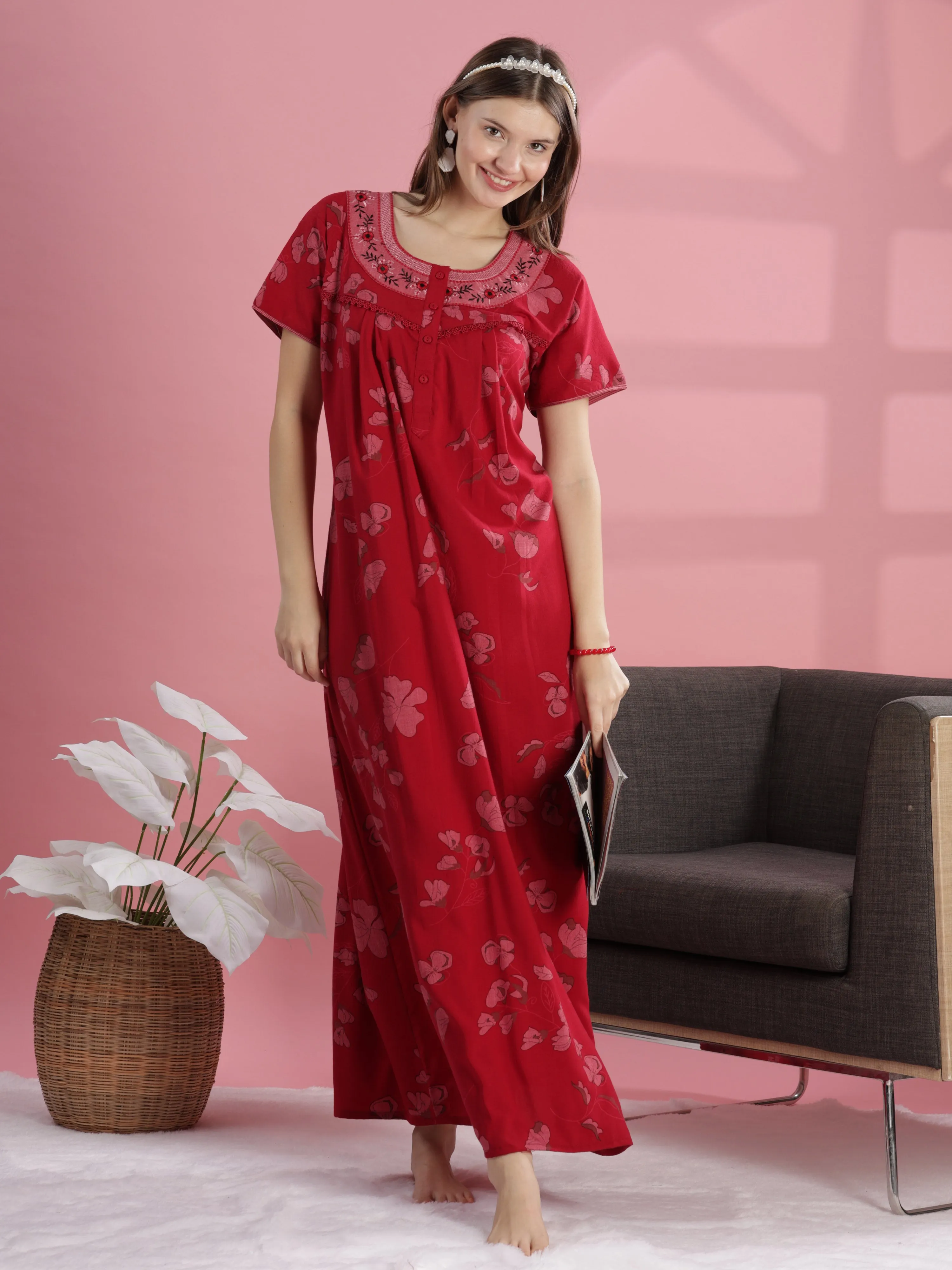 Brick Red Floral Cotton Nighty with Embroidery & Front Buttons