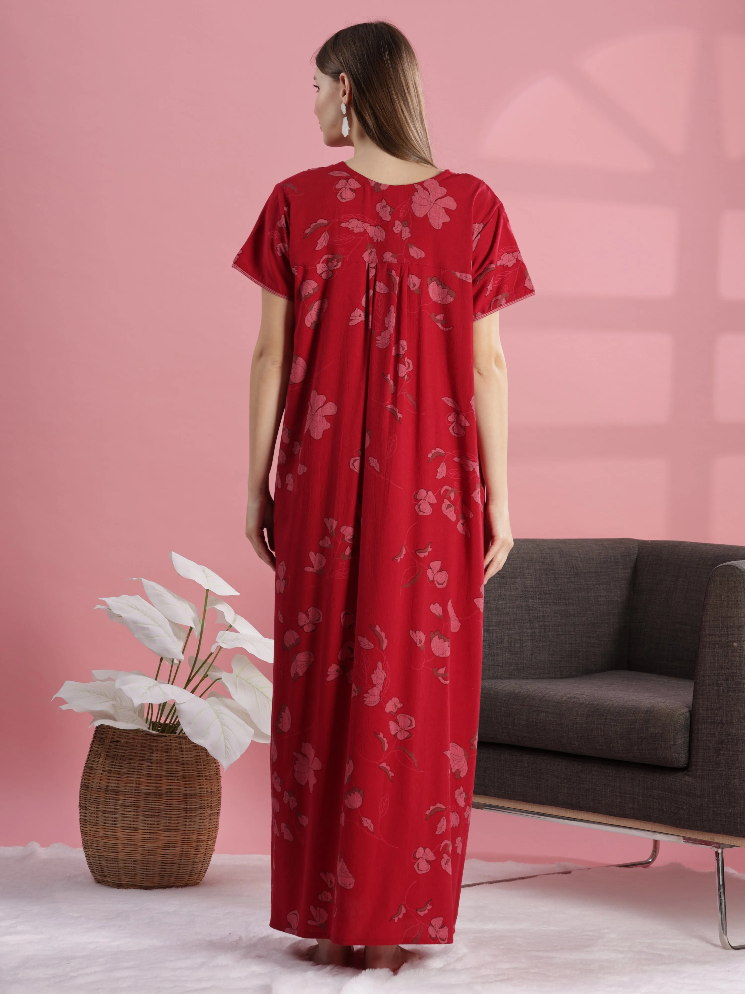 Brick Red Floral Cotton Nighty with Embroidery & Front Buttons