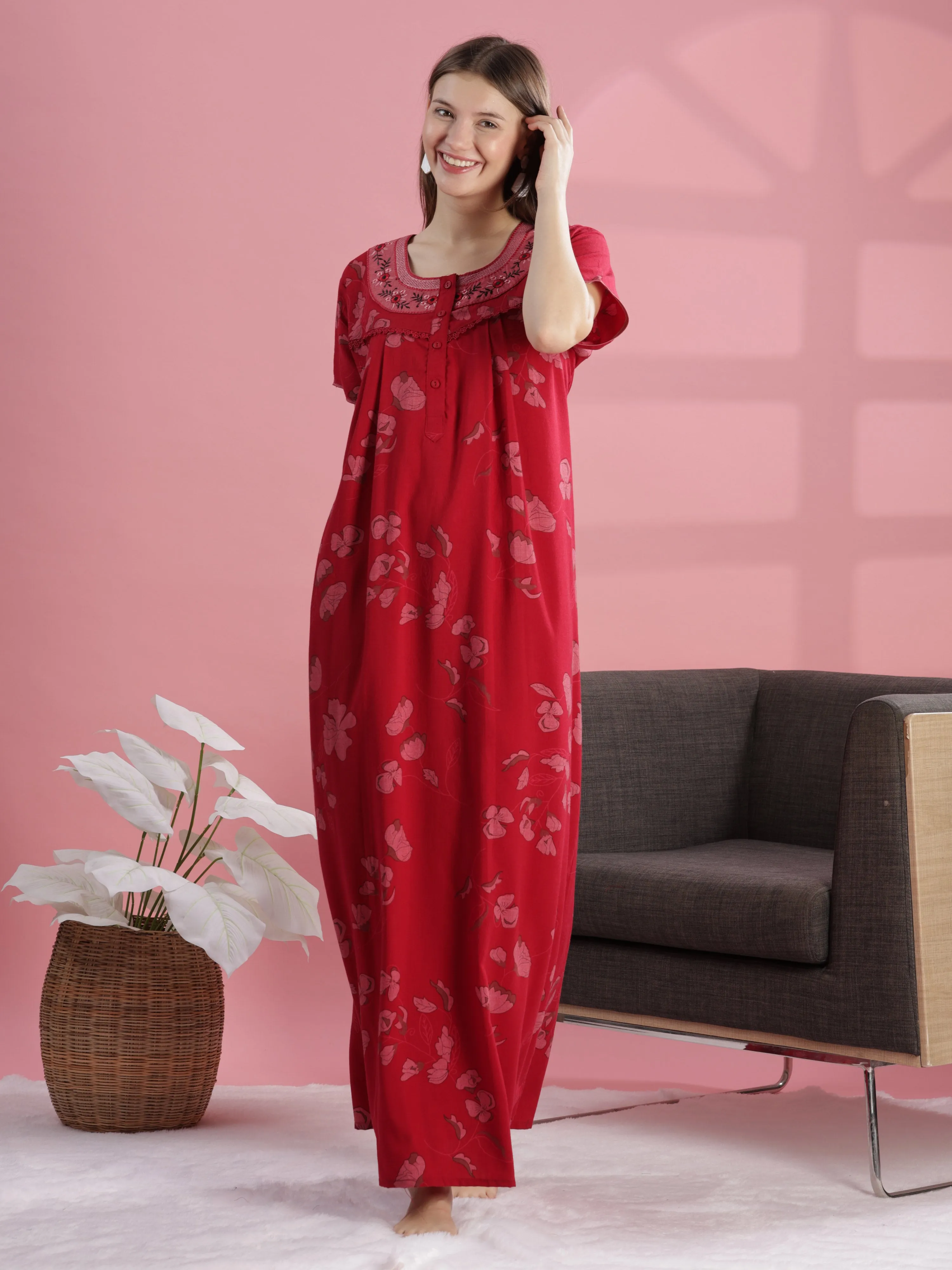 Brick Red Floral Cotton Nighty with Embroidery & Front Buttons