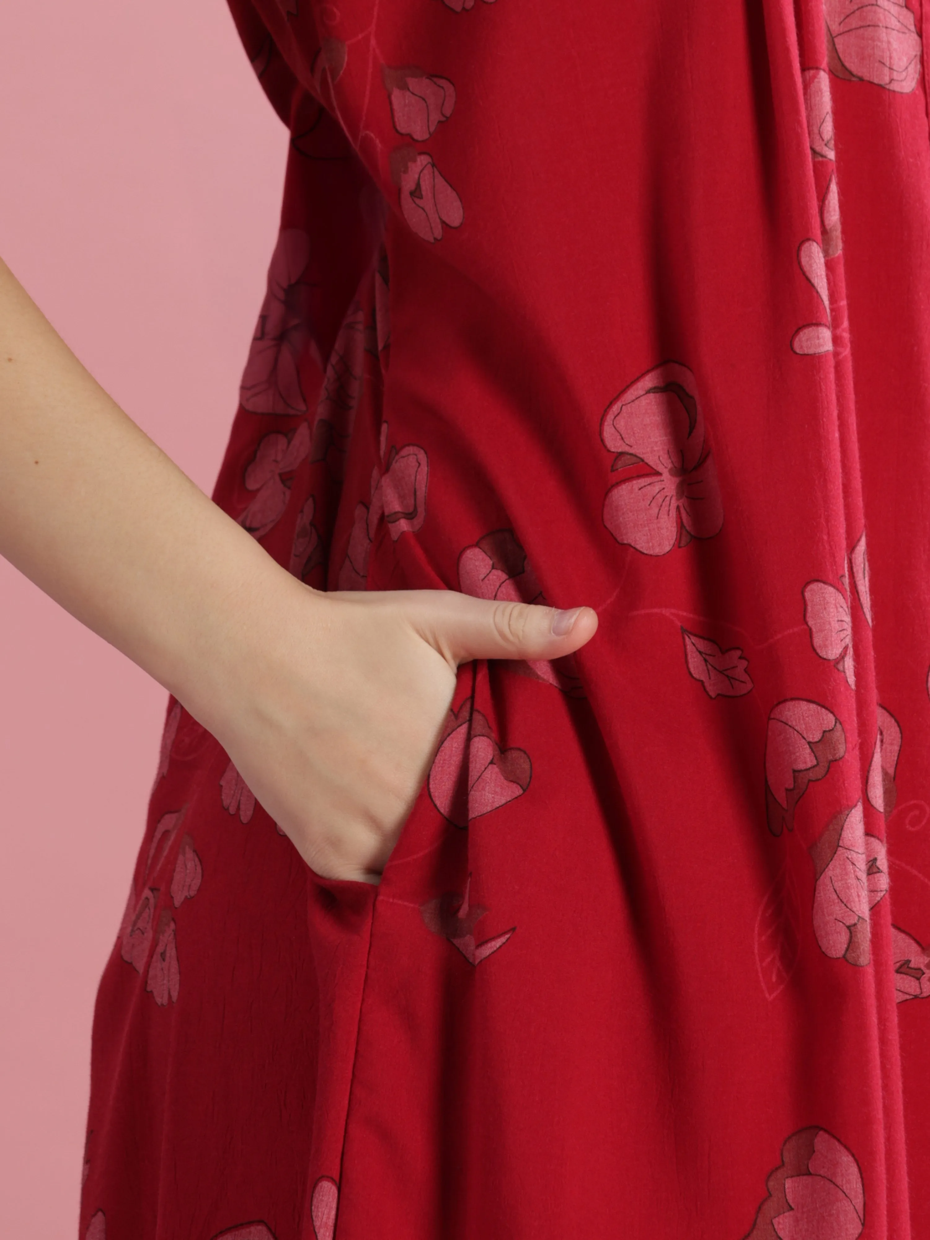 Brick Red Floral Cotton Nighty with Embroidery & Front Buttons