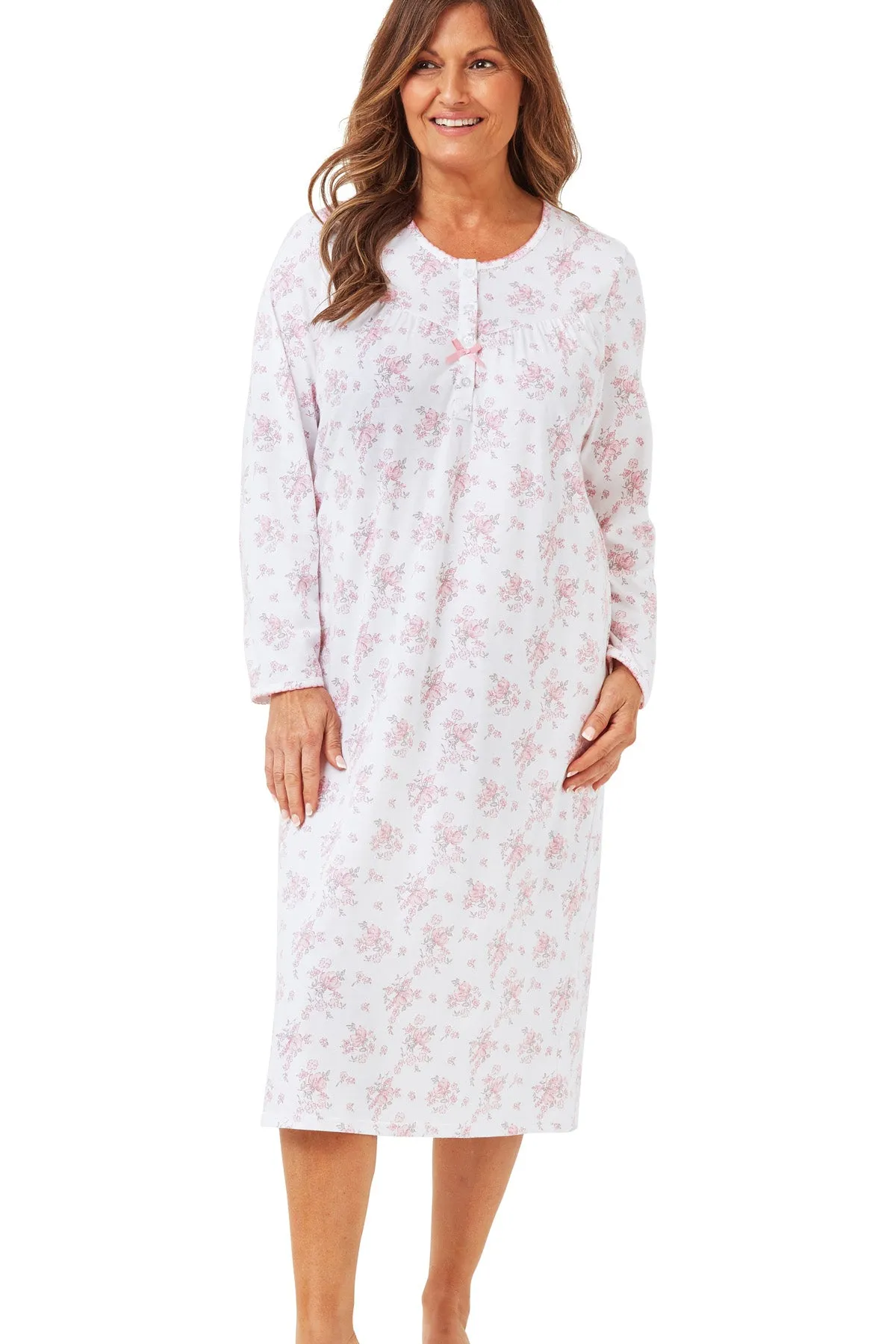 Champagne Floral 45" Long Sleeve Knitted Cotton Nightdress