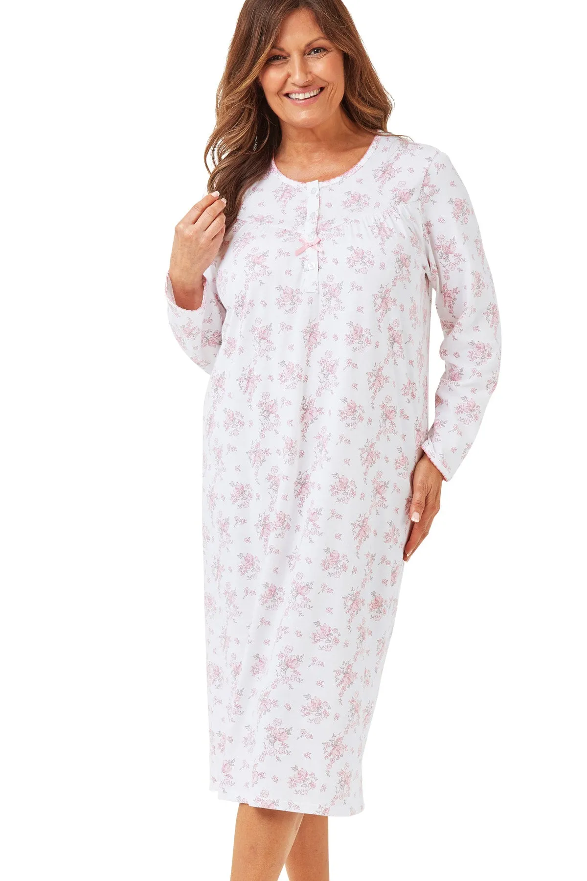 Champagne Floral 45" Long Sleeve Knitted Cotton Nightdress