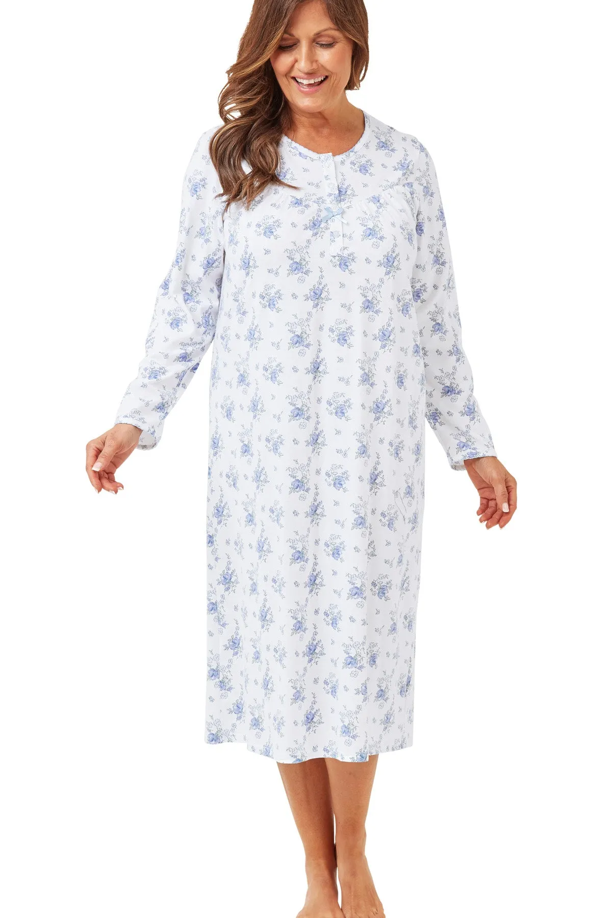 Champagne Floral 45" Long Sleeve Knitted Cotton Nightdress