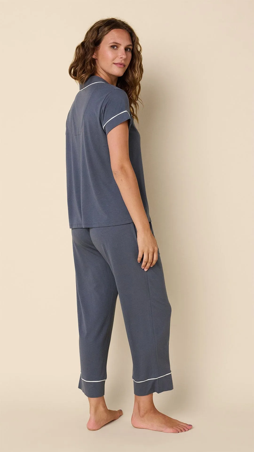 Classic Pima Knit Capri Set - Steel Blue/Ivory
