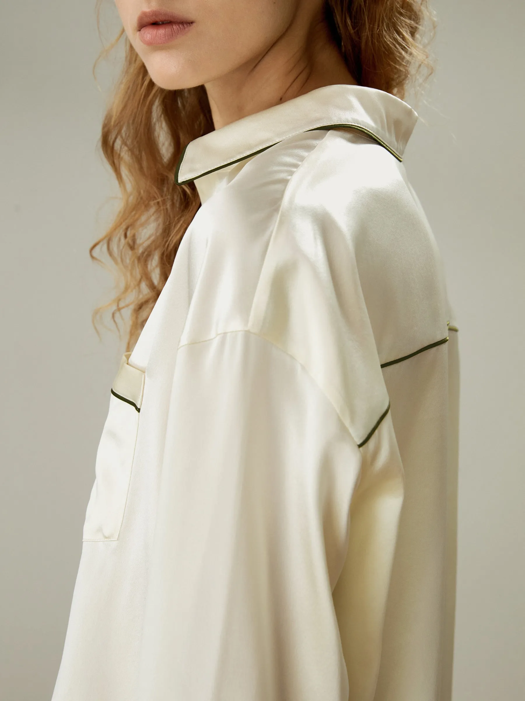 Contrast Piping Button-Up Full Length Pajama Set