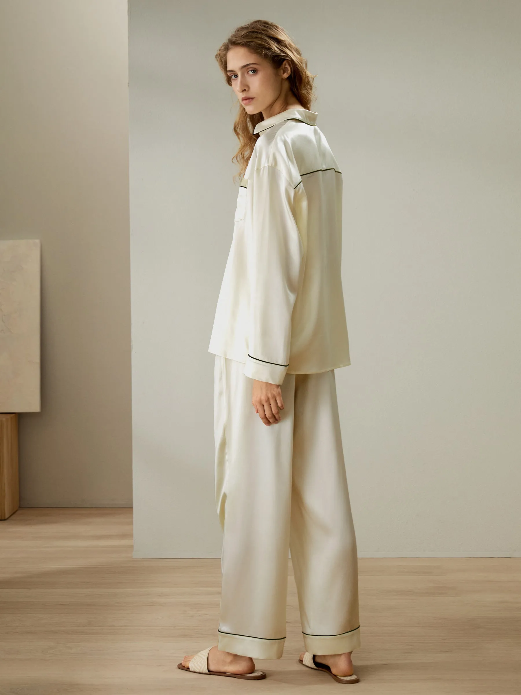 Contrast Piping Button-Up Full Length Pajama Set