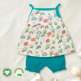 Cotton Camisole Top & Shorts Sets For Kids | Printed | Aqua & White