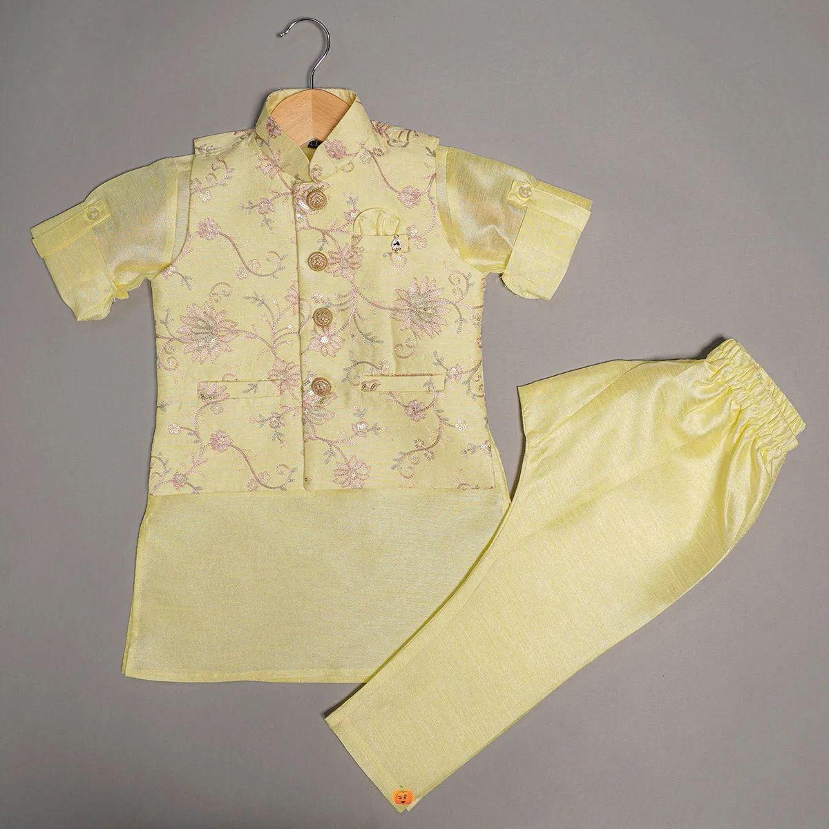 Cream & Lemon Boys Kurta Pajama with Jacket