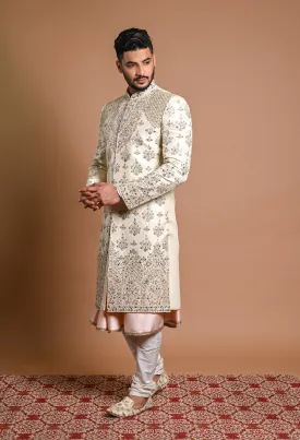 Cream Raw Silk Sherwani With Mirror and zardosi work