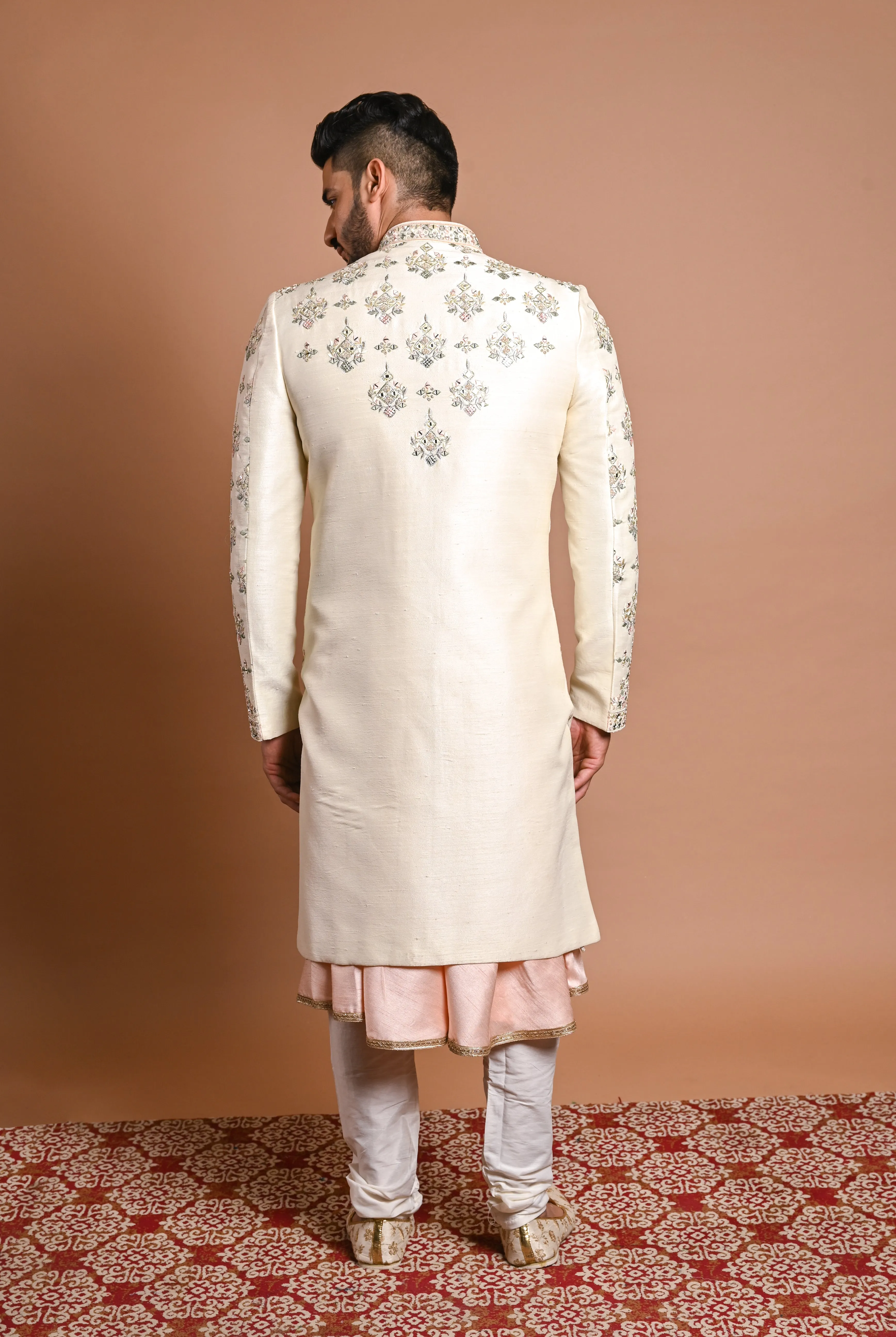Cream Raw Silk Sherwani With Mirror and zardosi work