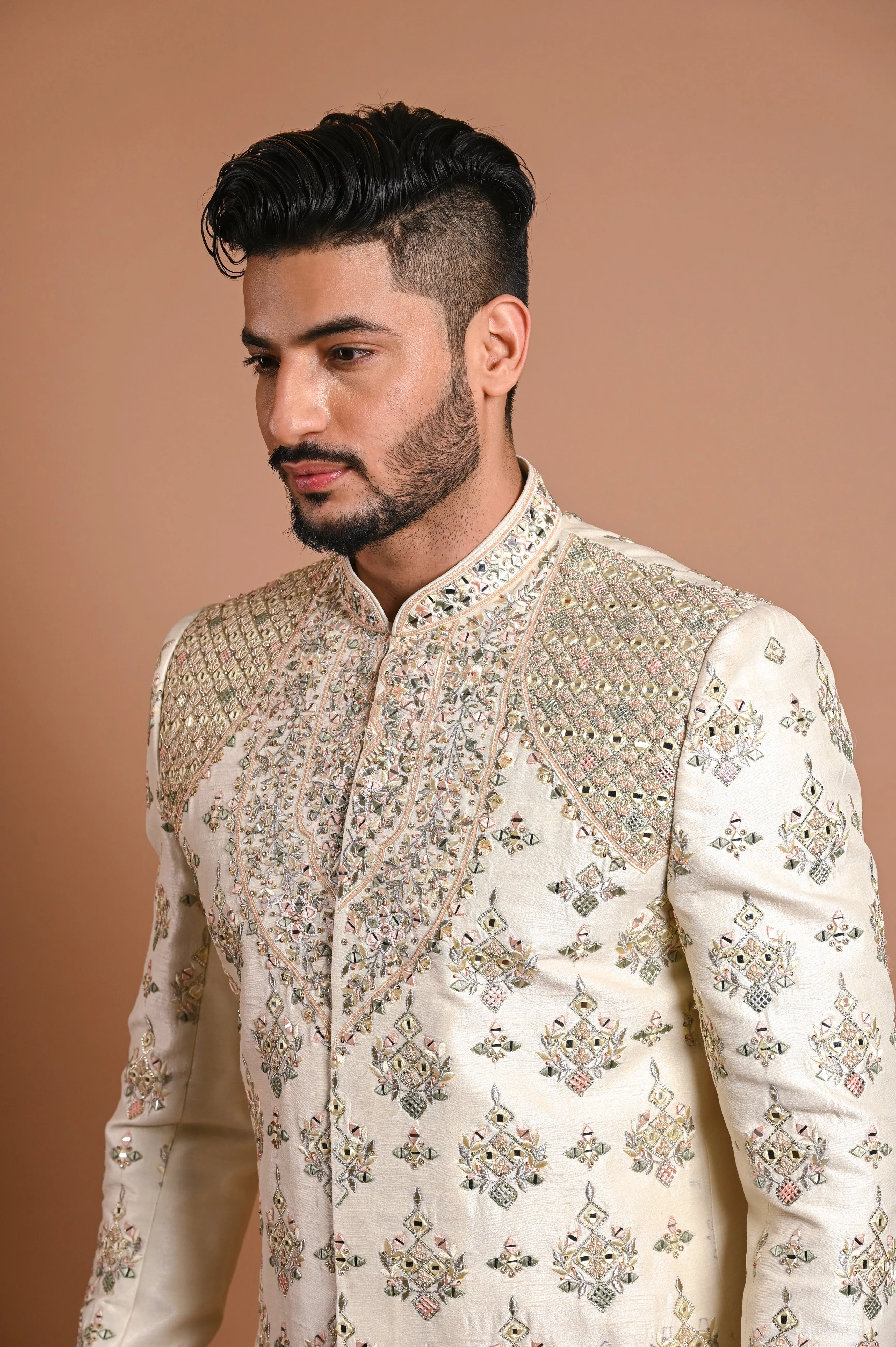 Cream Raw Silk Sherwani With Mirror and zardosi work