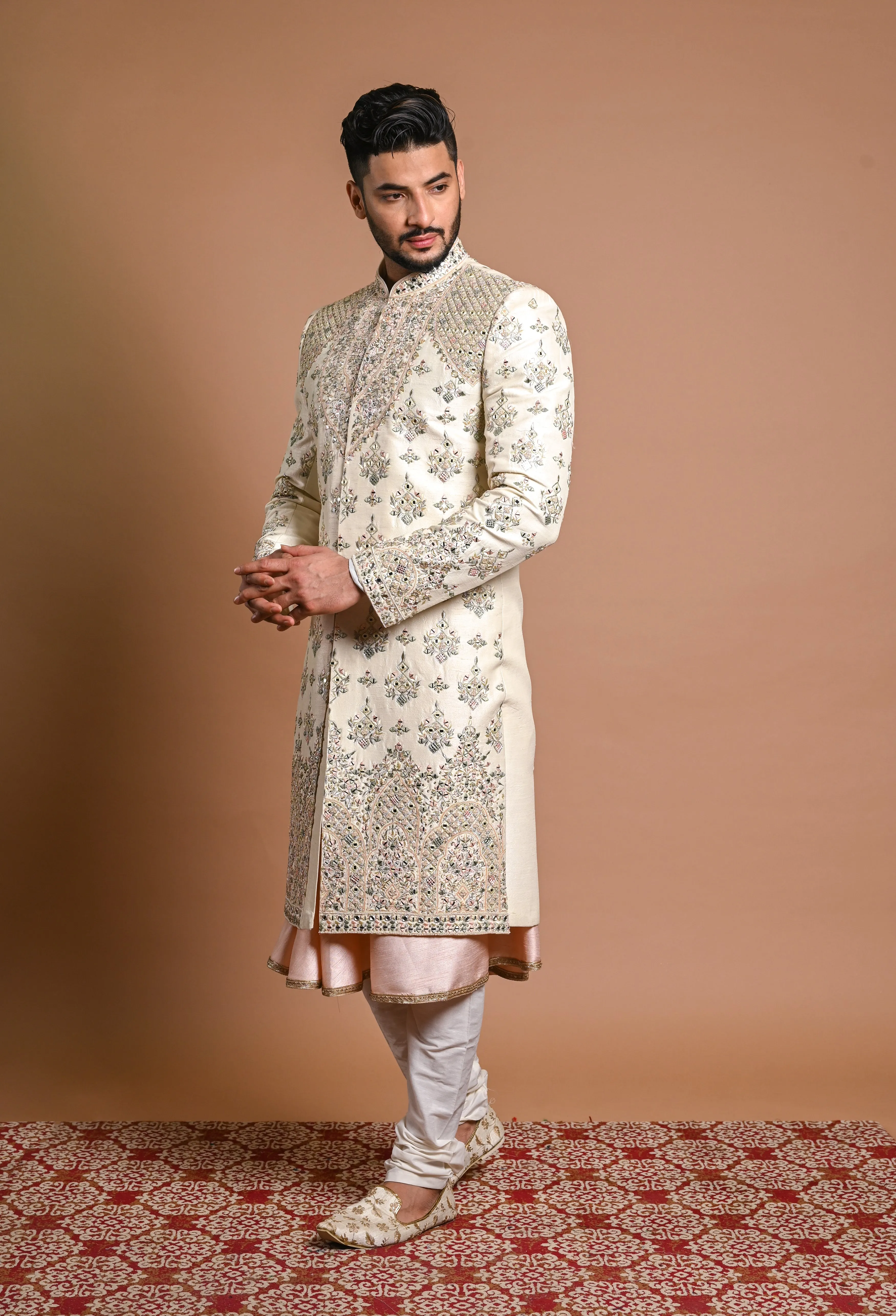 Cream Raw Silk Sherwani With Mirror and zardosi work