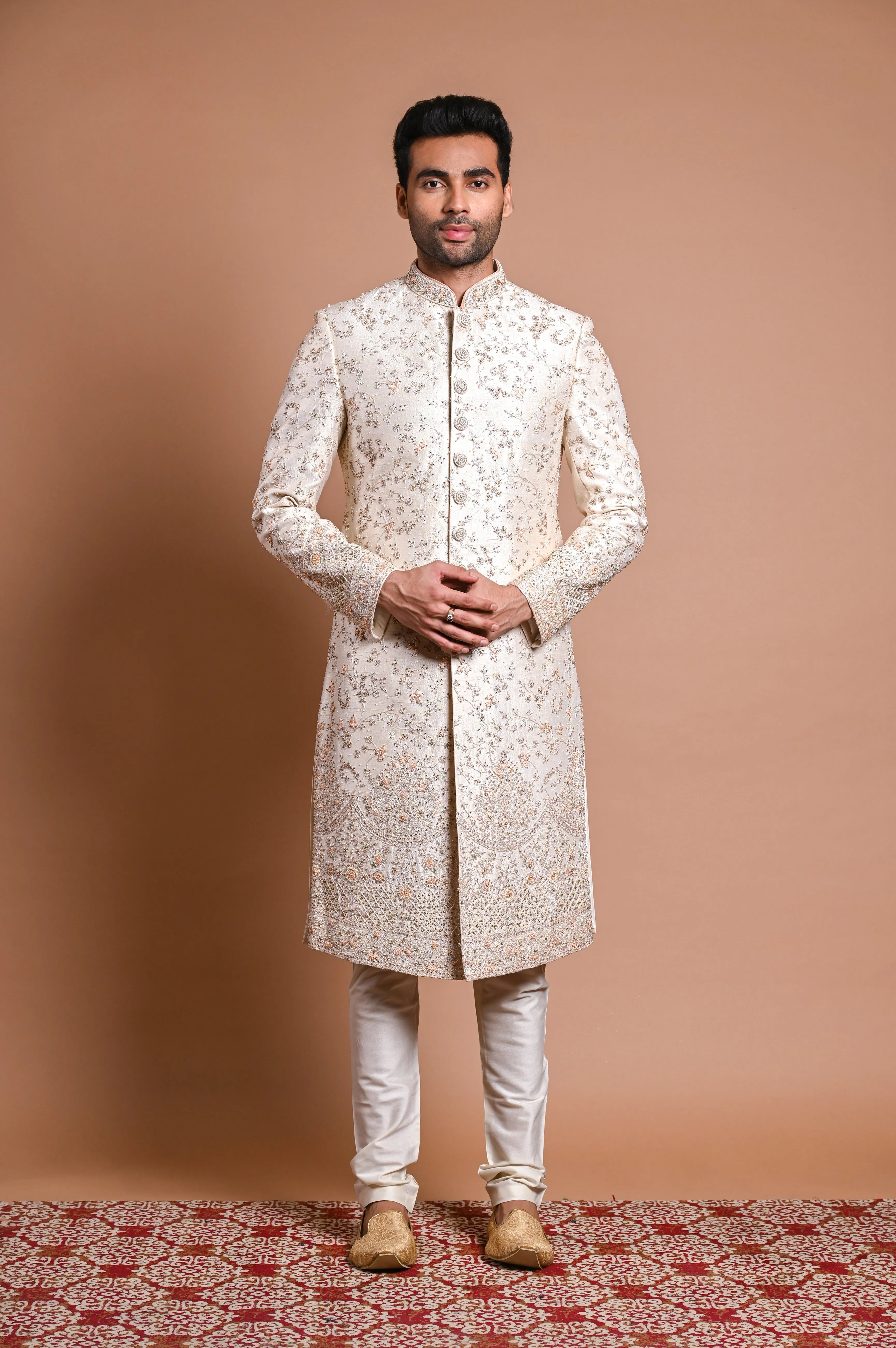 Cream Raw Silk Sherwani With Pearl, Cut Dana & resham Work