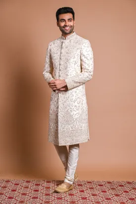 Cream Raw Silk Sherwani With Pearl, Cut Dana & resham Work